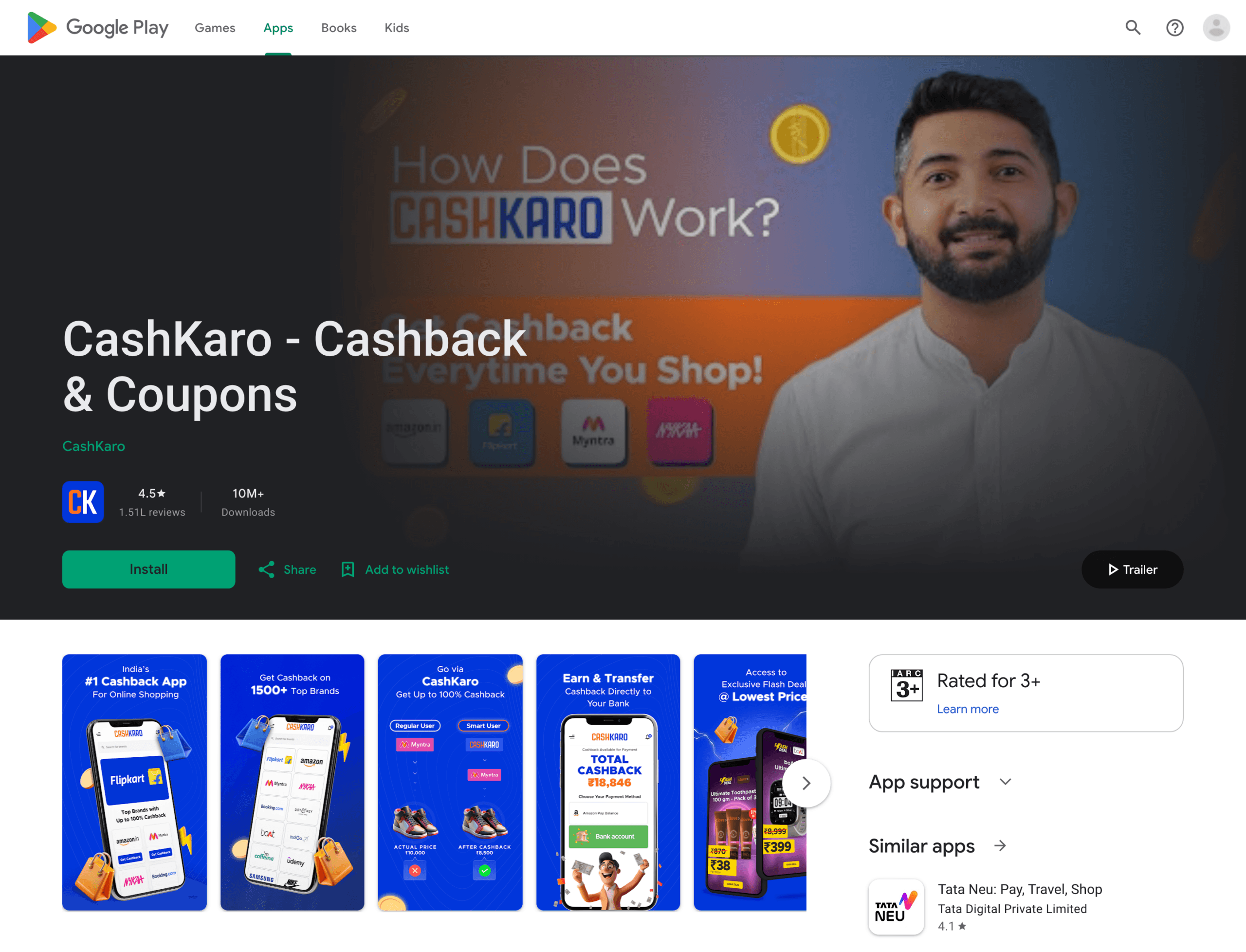 CashKaro cashback and coupons app on Google Play rated 4.5 stars with 10M+ downloads