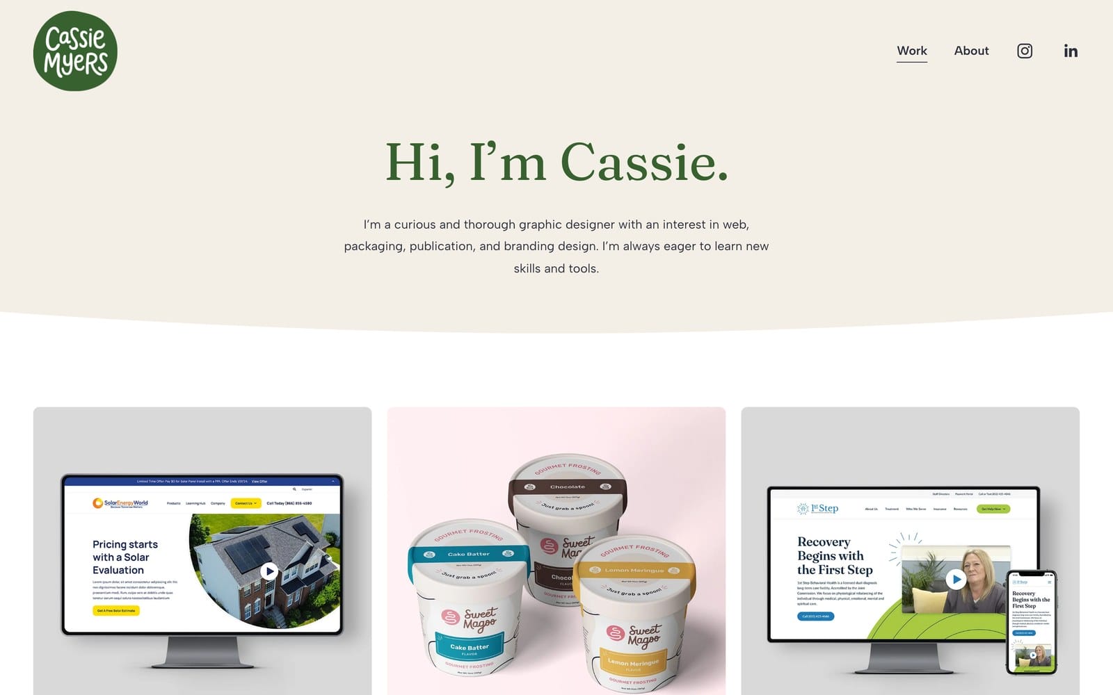 Cassie Myers graphic design portfolio homepage showing web, packaging, and branding projects presented as device mockups