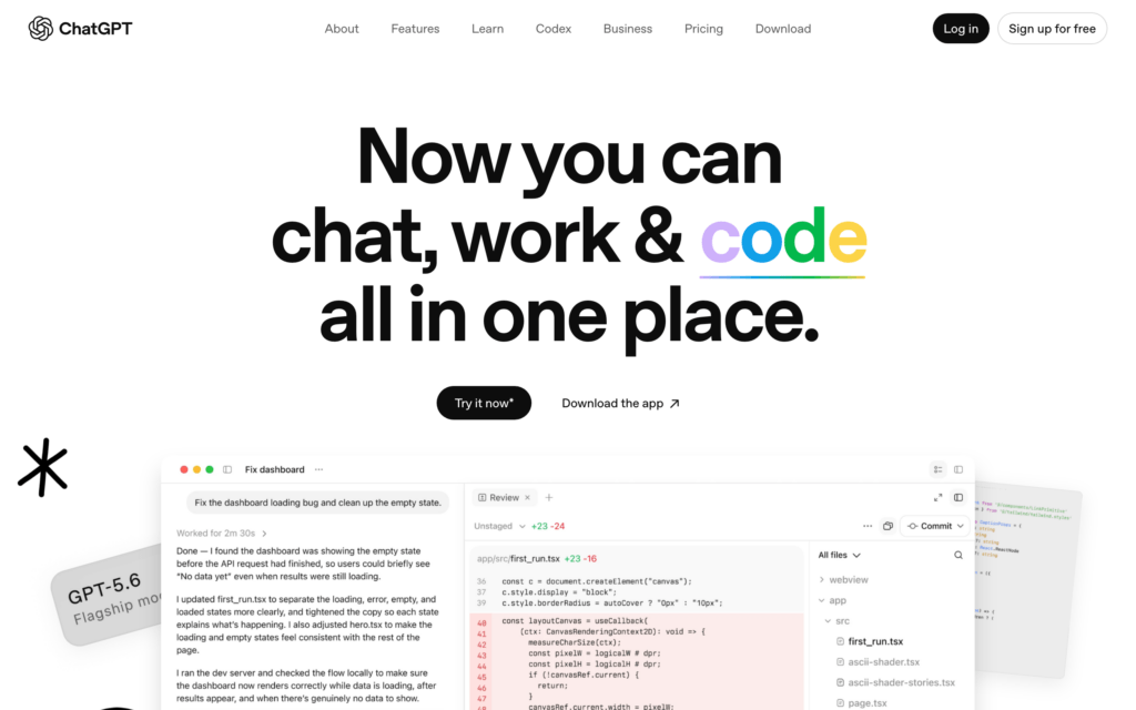 ChatGPT website with examples of its conversational workspace.