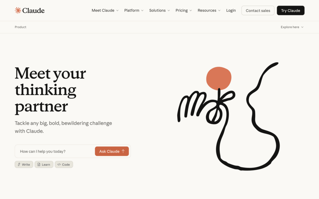Claude website with its prompt box and writing task suggestions.