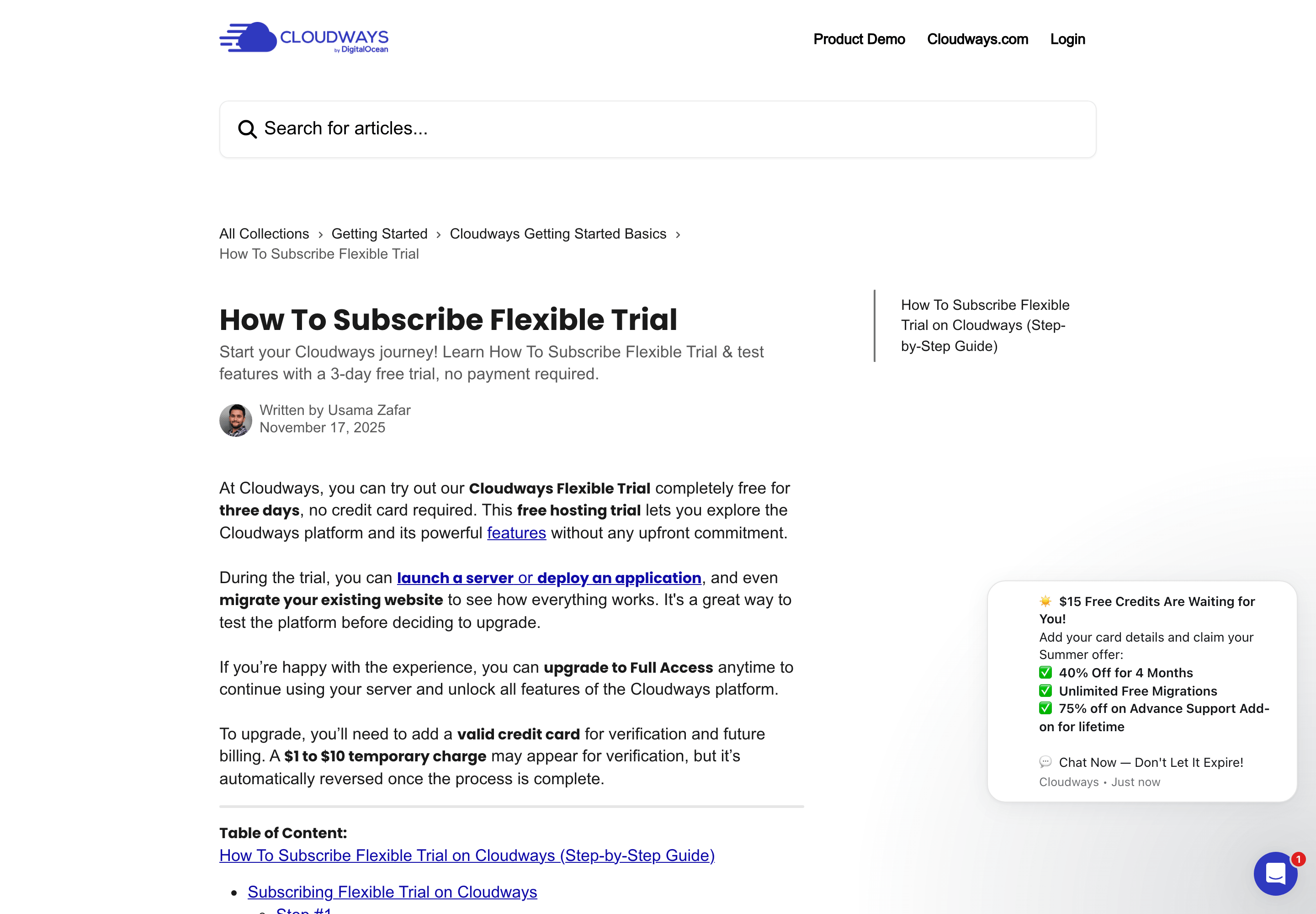 Cloudways Flexible Trial help page showing three free days without a credit card