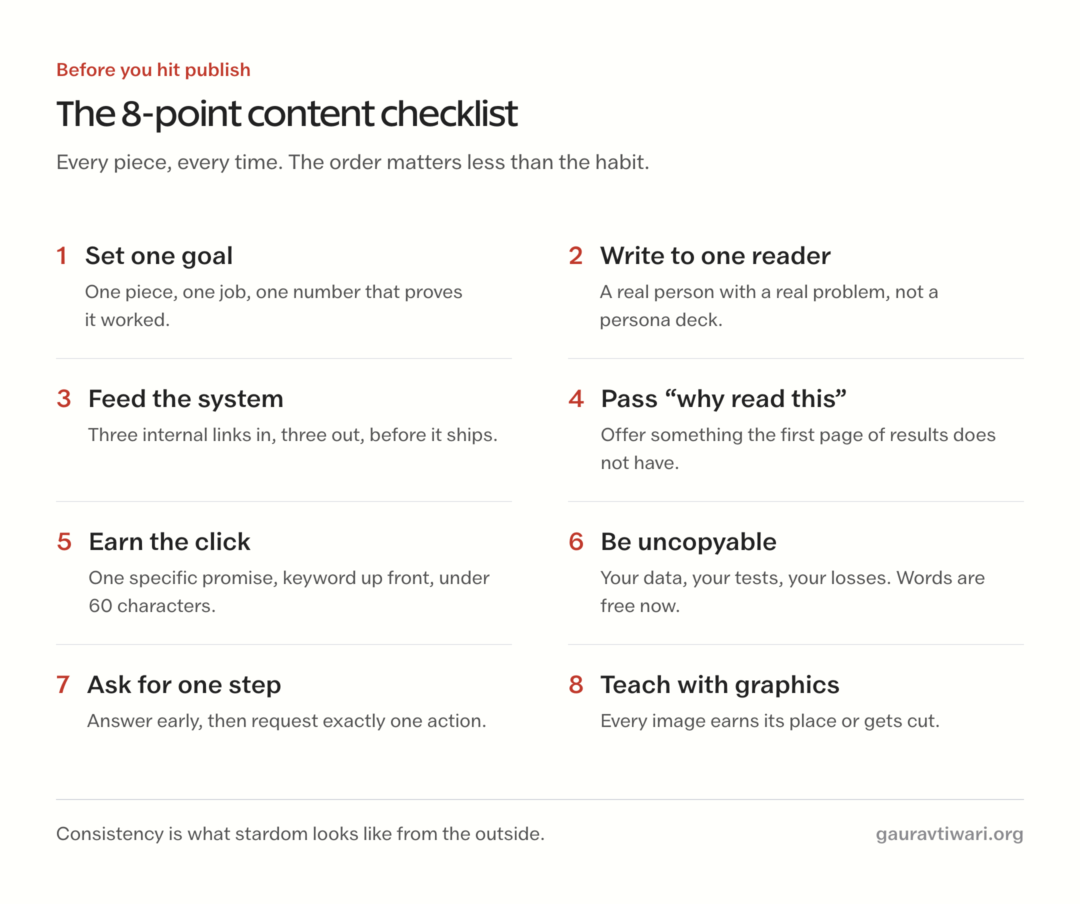 8-point content marketing checklist card: set one goal, write to one reader, feed the system, pass the why-read-this test, earn the click, be uncopyable, ask for one step, teach with graphics