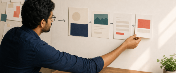 A web strategist arranges paper page sections into a clear sequence from promise and proof to action.