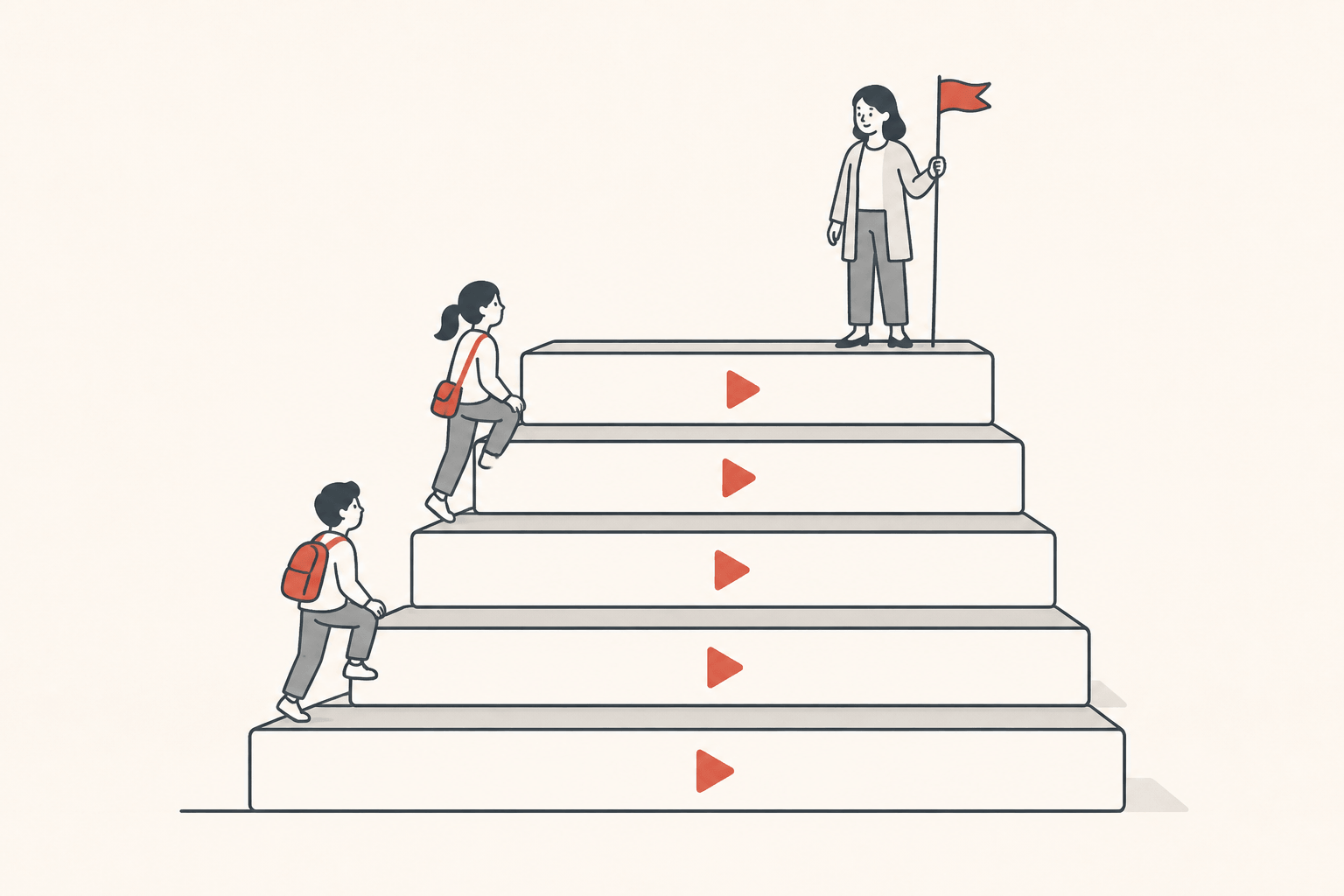 Students climb a staircase of video-lesson steps toward a teacher waiting at the top with a flag
