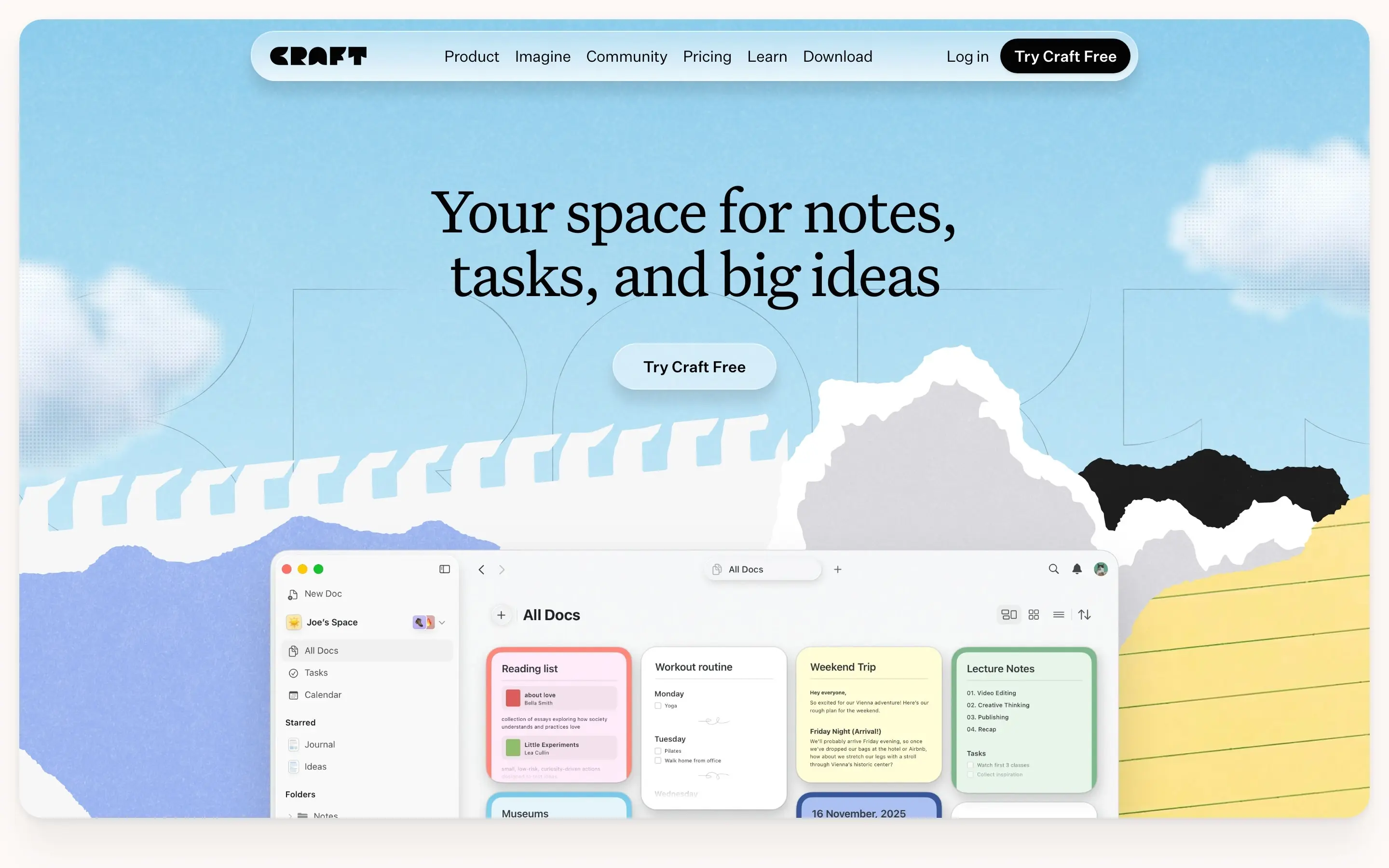 Craft workspace with notes, documents, calendars, and connected tasks
