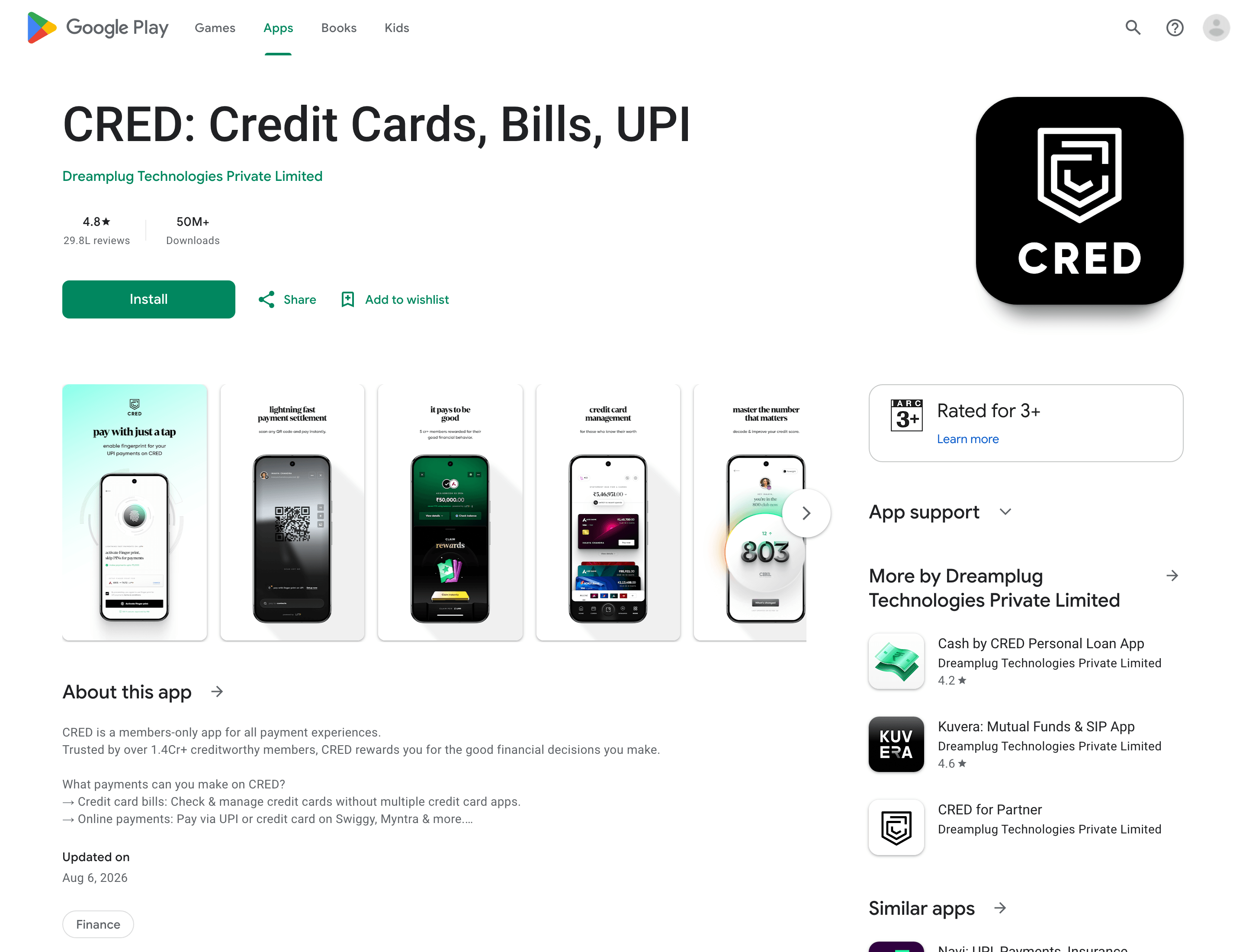 CRED credit cards, bills and UPI app on Google Play rated 4.8 stars