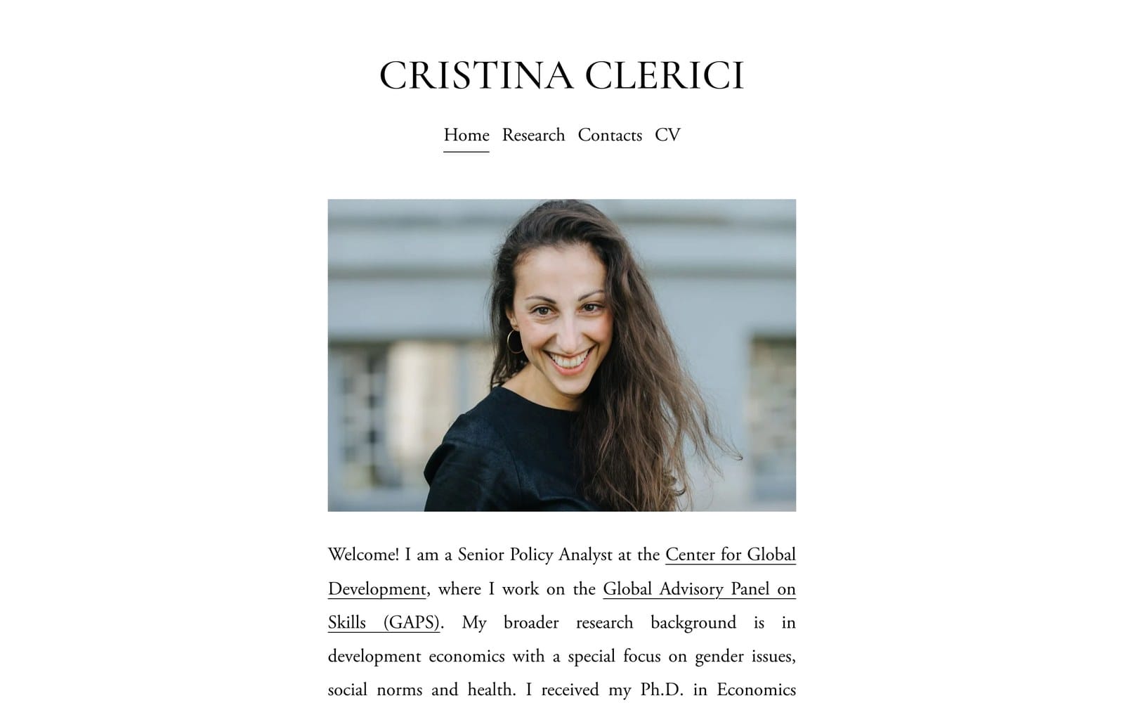 Cristina Clerici academic portfolio homepage with Home, Research, Contacts, and CV navigation above a short professional biography