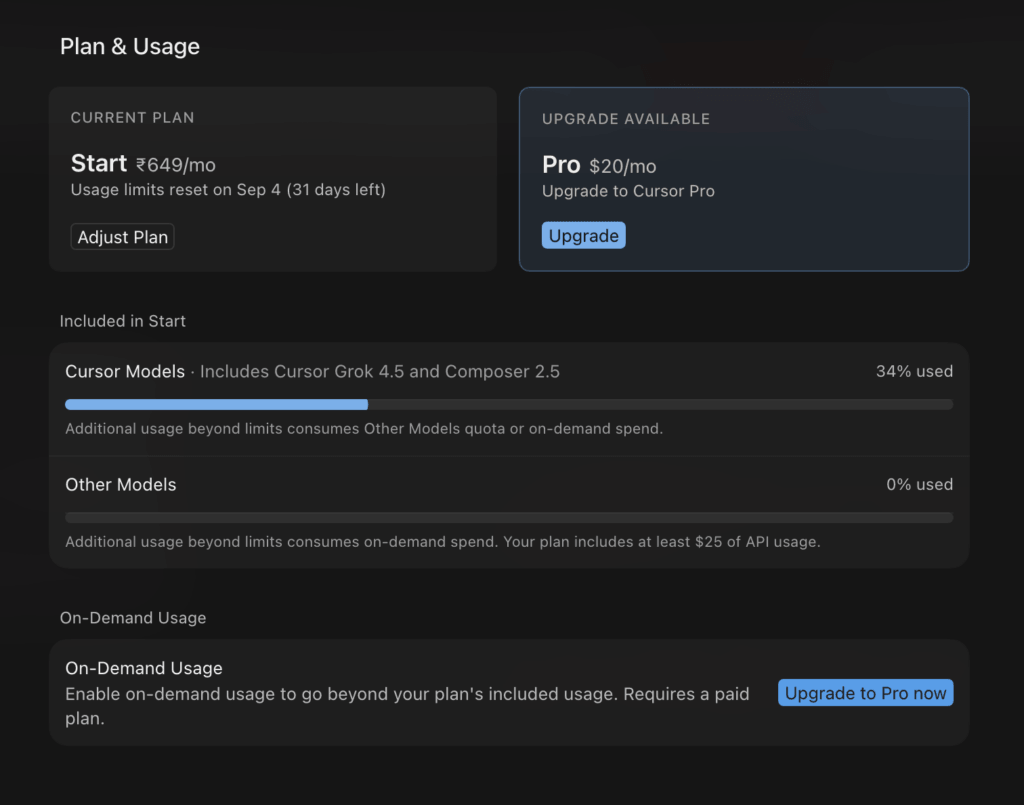 Cursor Start usage dashboard showing 34% of the Cursor Models allowance used