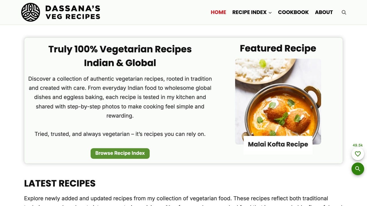 Dassana's Veg Recipes homepage with a featured malai kofta recipe and the vegetarian recipe index.