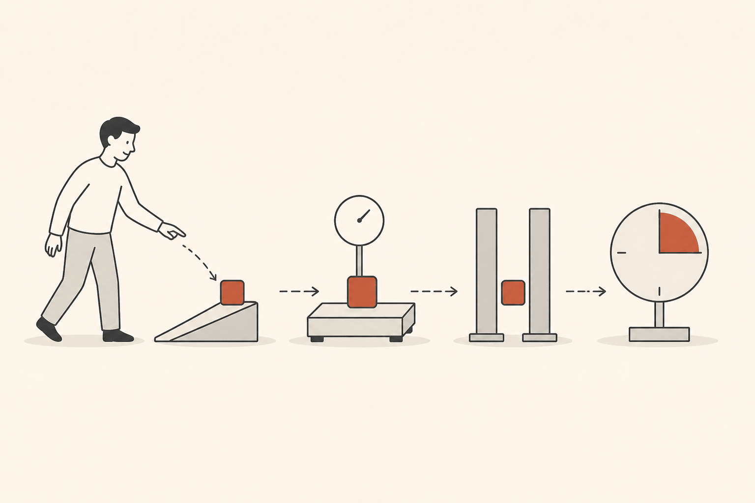 A product moving through 4 simple testing stations: a ramp, a weighing platform, a narrow gate and a timer dial