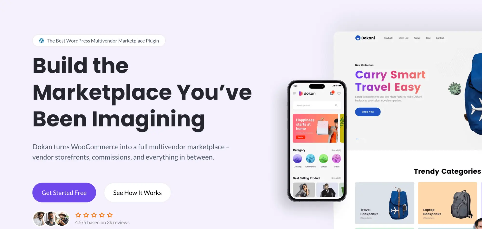 Dokan multivendor marketplace plugin homepage showing vendor storefronts and a 4.5 rating from 3,000 reviews