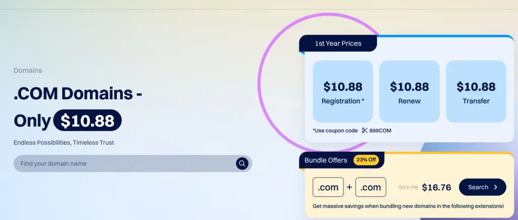 Dynadot .com pricing: $10.88 each for registration (with the 899COM code), renewal, and transfer