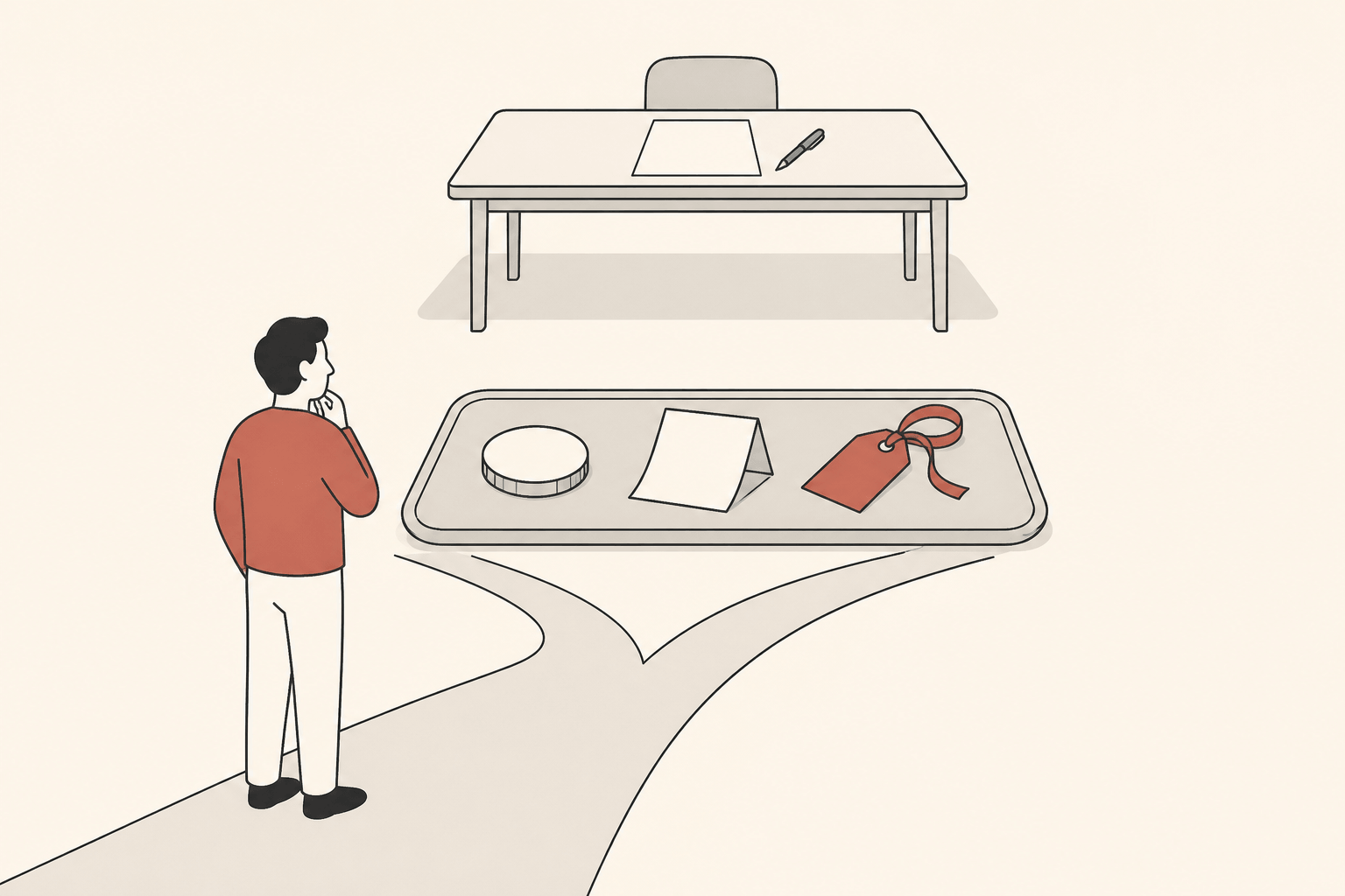 A writer choosing between a coin, a contract and a gift tag on a tray before sitting down at an empty writing desk