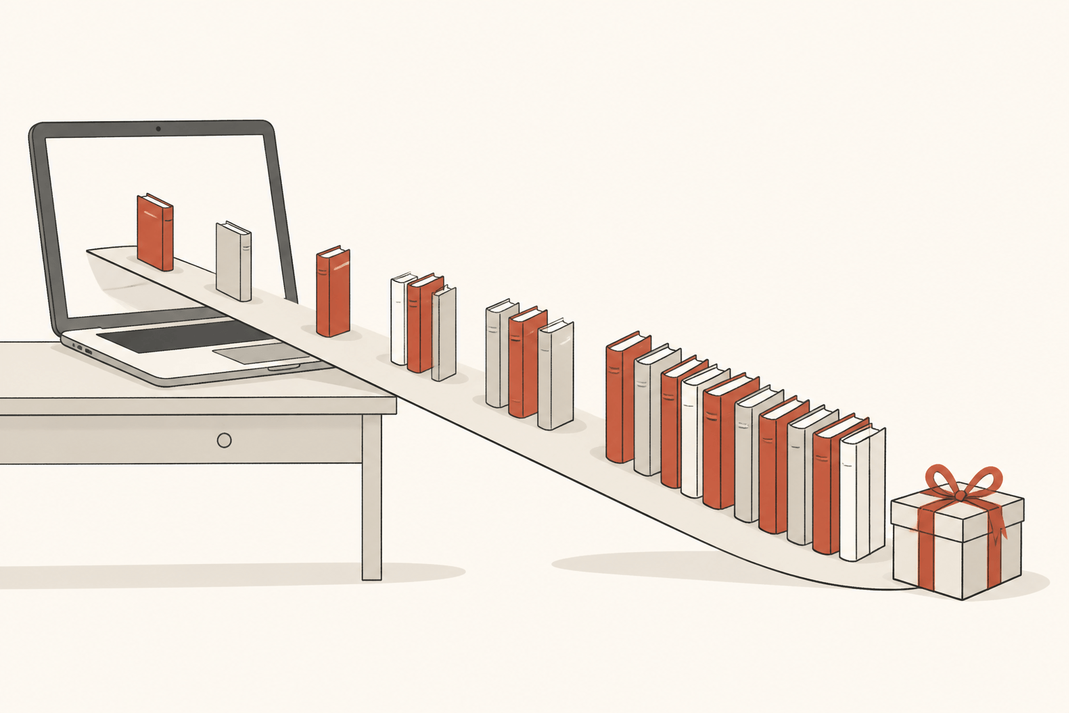 A row of books slides down a ramp from a laptop screen toward a wrapped parcel, multiplying as they go