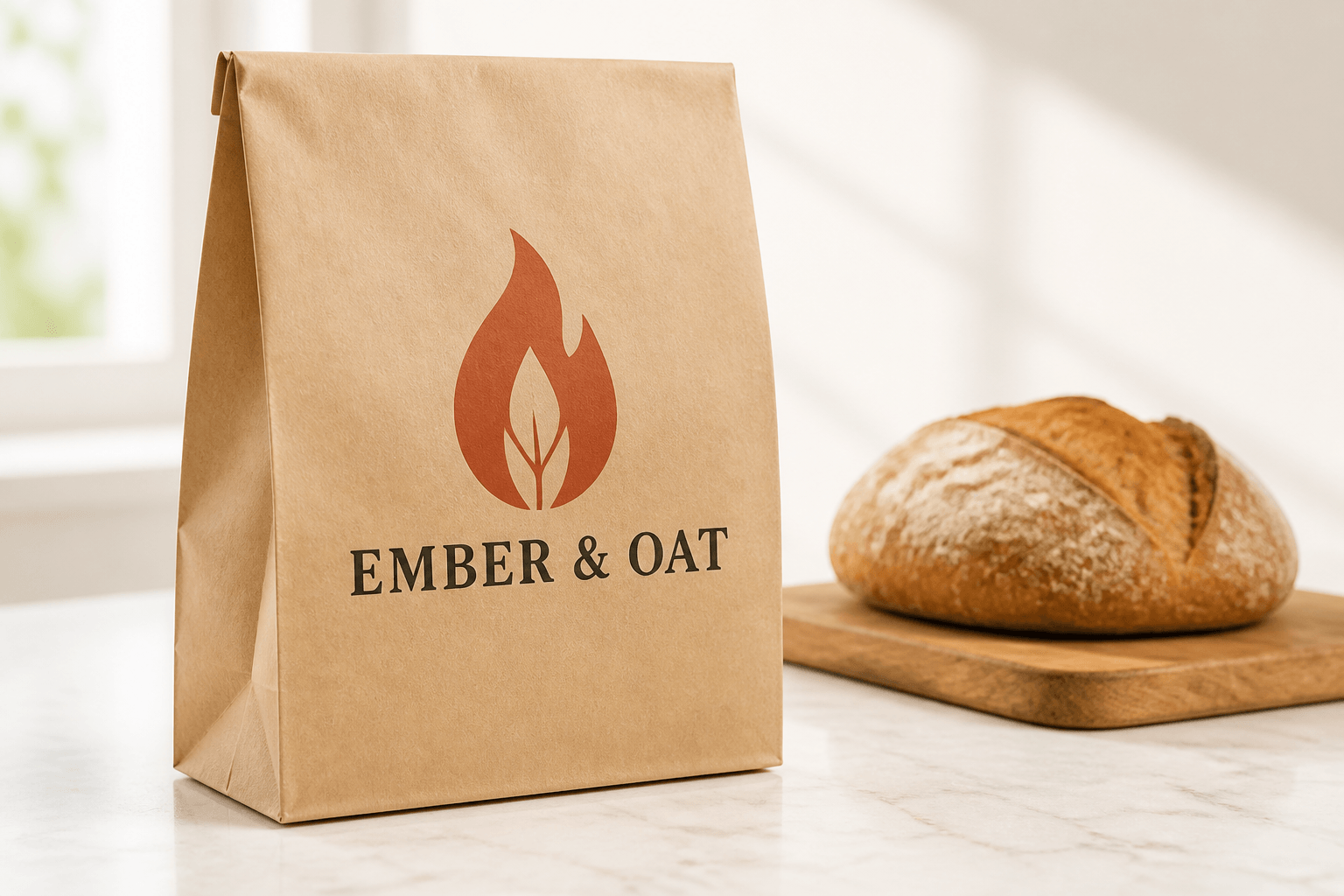Ember and Oat logo printed on a kraft bakery bag beside a bread loaf in morning light