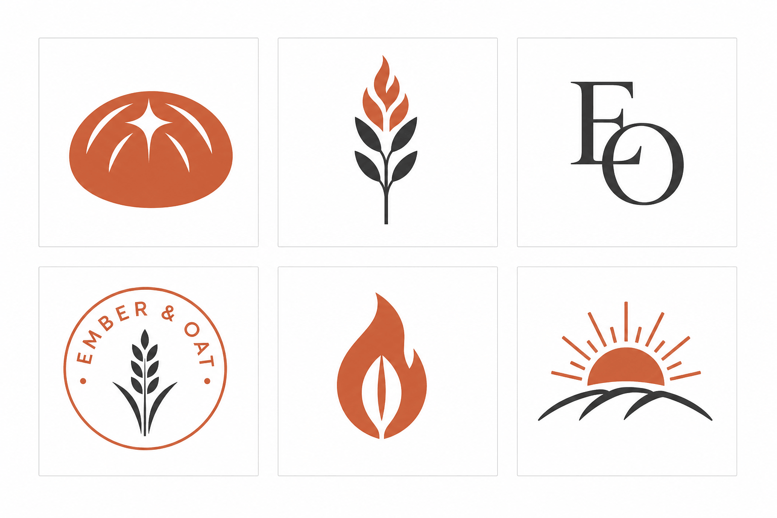 Six flat vector logo directions for Ember and Oat generated with ChatGPT: loaf, oat-flame stalk, EO monogram, badge, flame with oat-grain negative space, sunrise