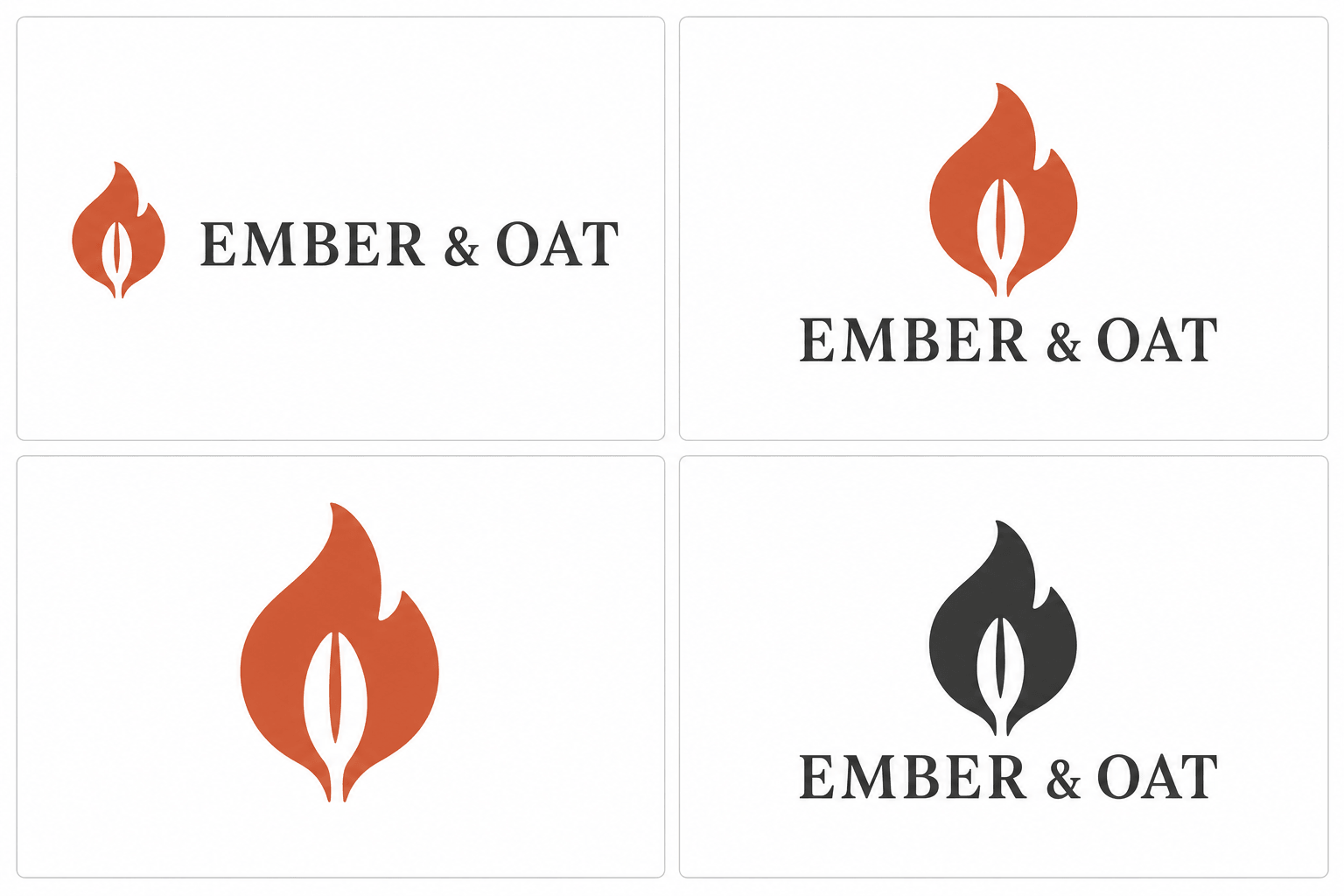 Ember and Oat logo lockup sheet: horizontal, stacked, icon-only, and one-color versions of the same mark