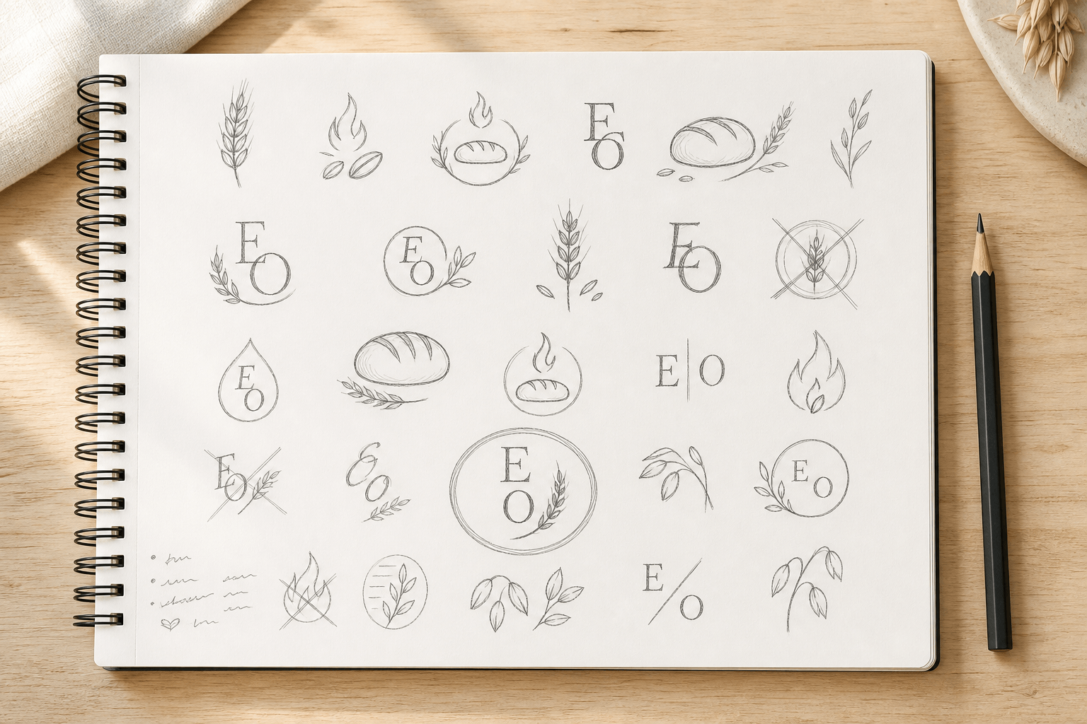 Pencil thumbnail sketches exploring logo concepts for the fictional bakery Ember and Oat, with rejected marks crossed out