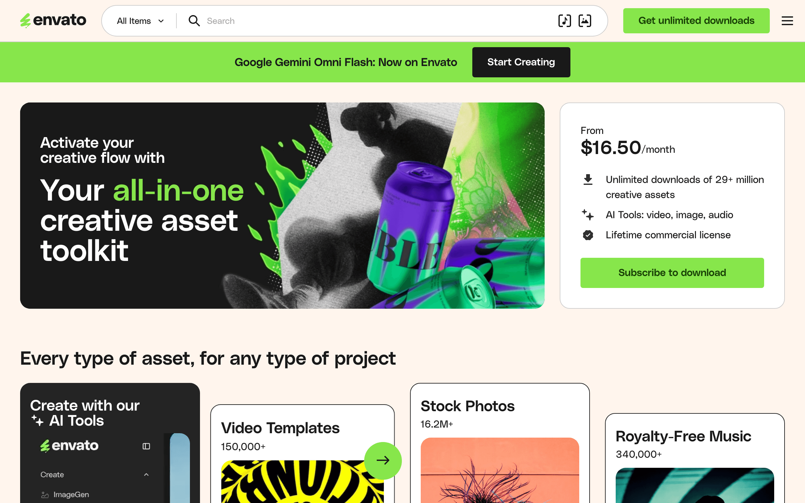 Envato Elements homepage: unlimited downloads of creative assets on one subscription