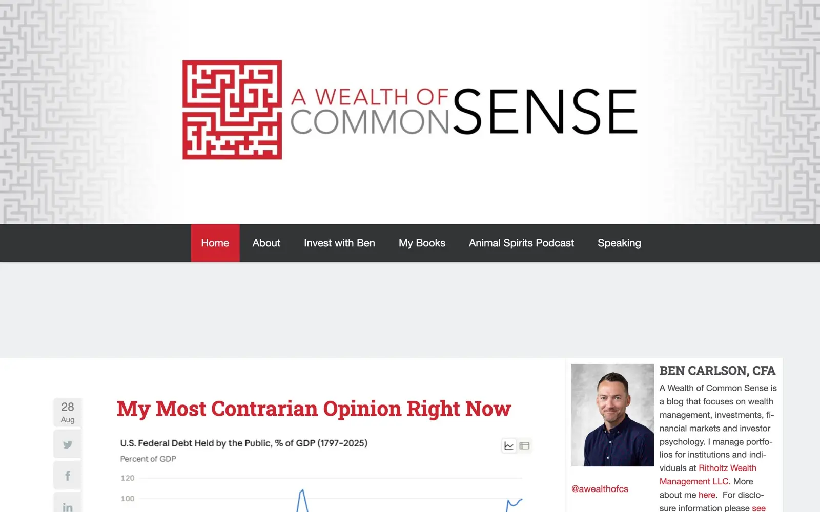 A Wealth of Common Sense homepage showing market and investor behavior posts