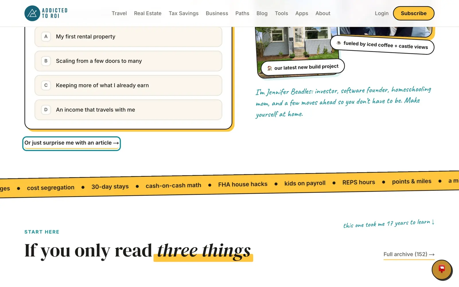Addicted to ROI homepage showing US real estate investing articles