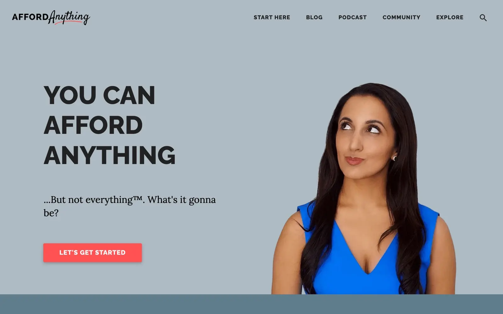 Afford Anything homepage showing its podcast and financial independence content