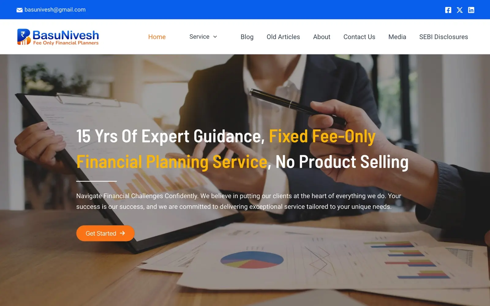BasuNivesh homepage showing its SEBI registered fee-only advisory content