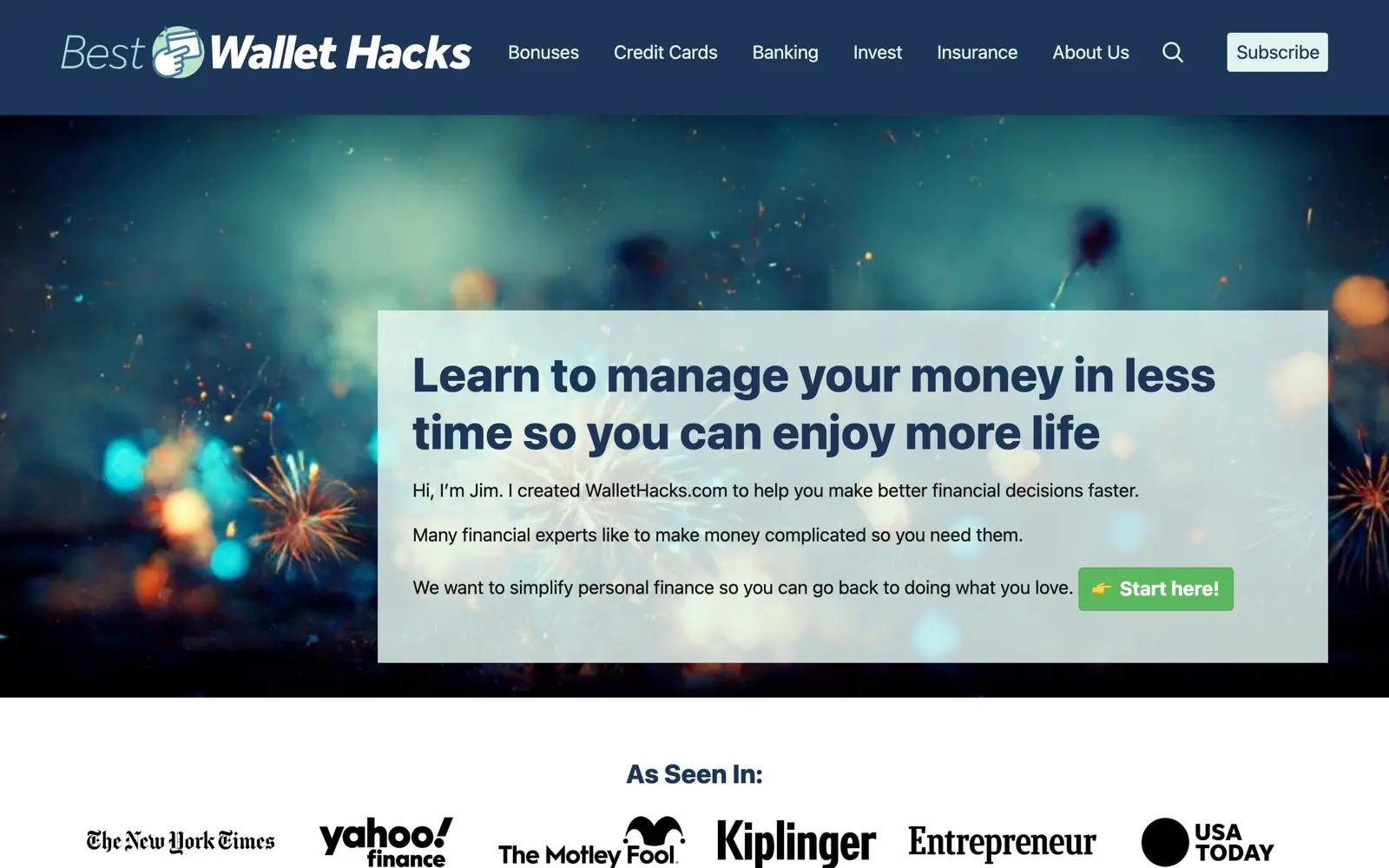 Best Wallet Hacks homepage showing US banking and taxes articles
