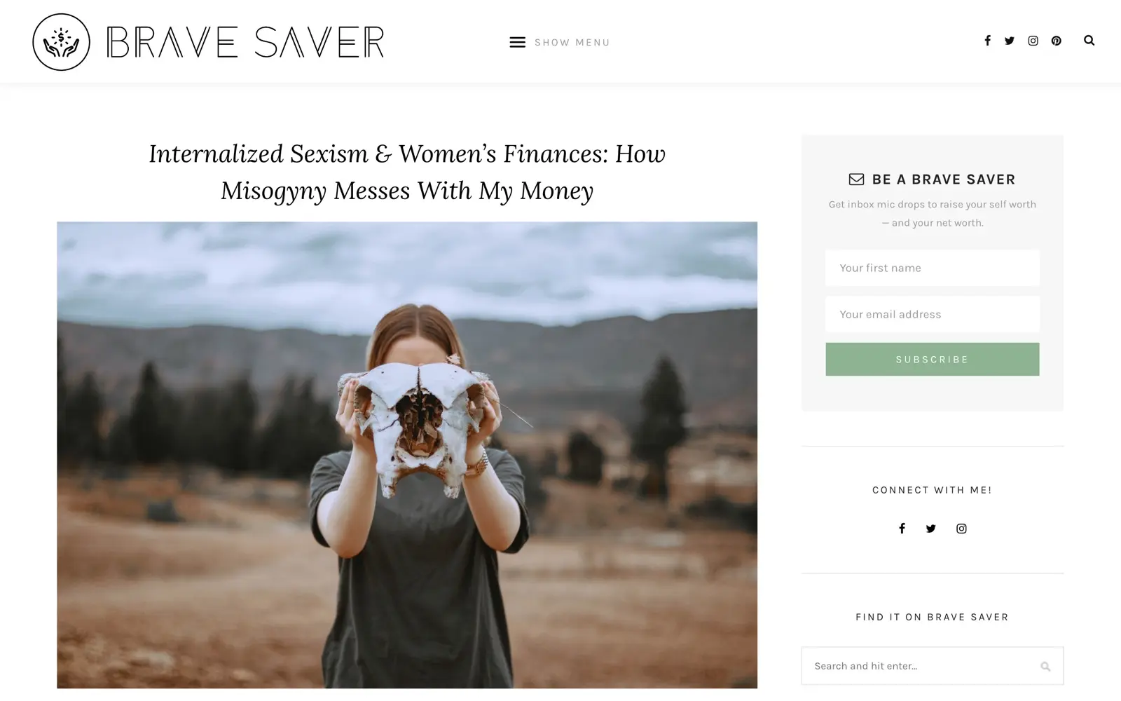 Brave Saver homepage showing its money psychology writing