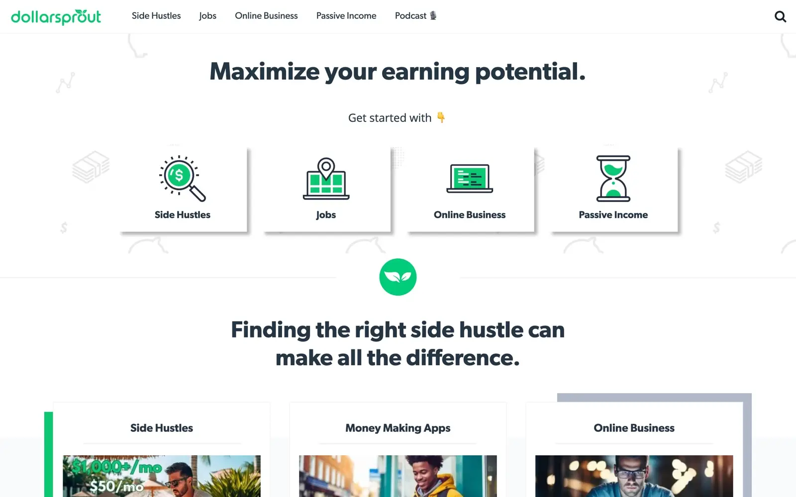 DollarSprout homepage showing side hustle and passive income guides
