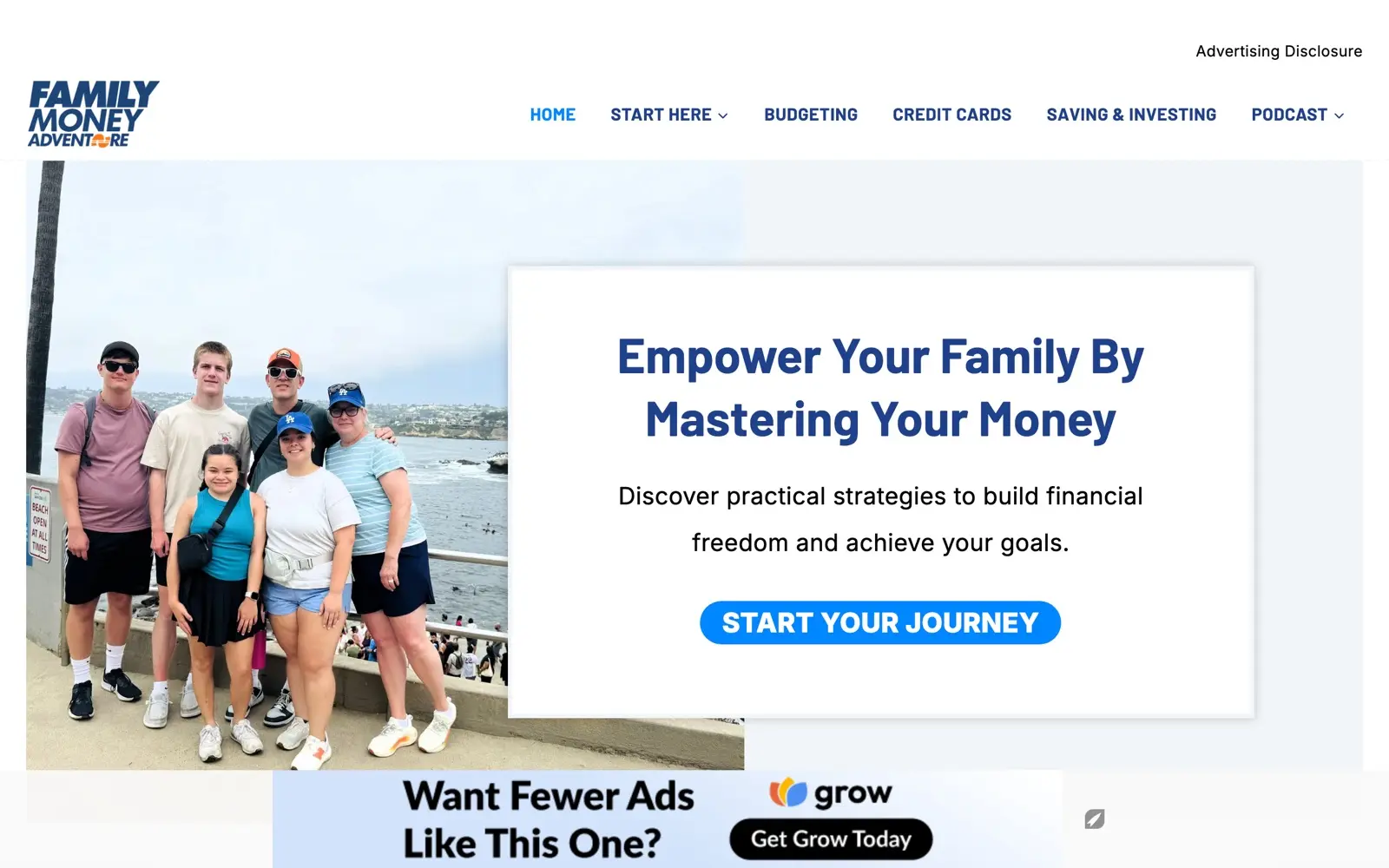 Family Money Adventure homepage showing family finance and travel posts