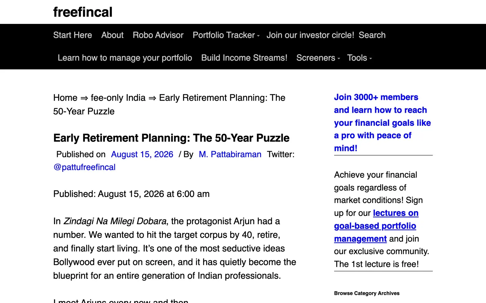 Freefincal homepage showing its data-led Indian mutual fund and retirement analysis