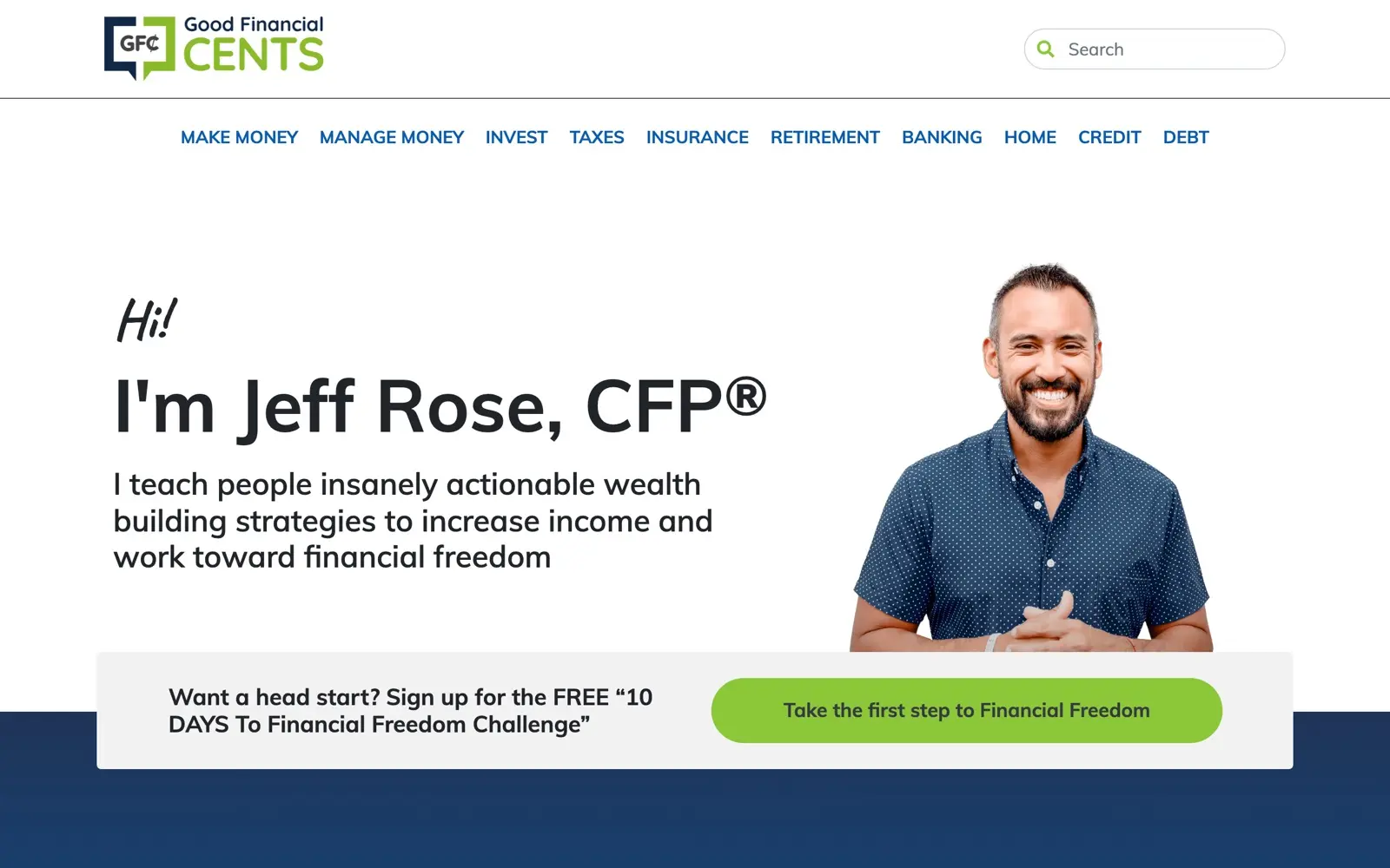 Good Financial Cents homepage showing investing and insurance guides