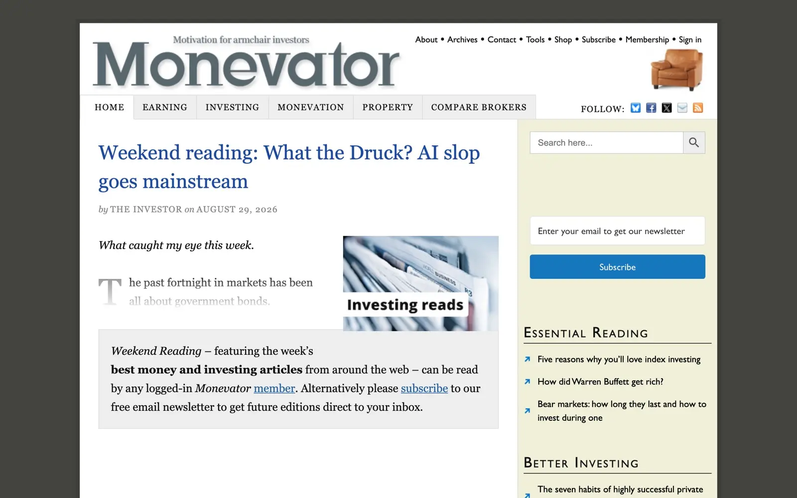 Monevator homepage showing UK investing articles on ISAs and platforms