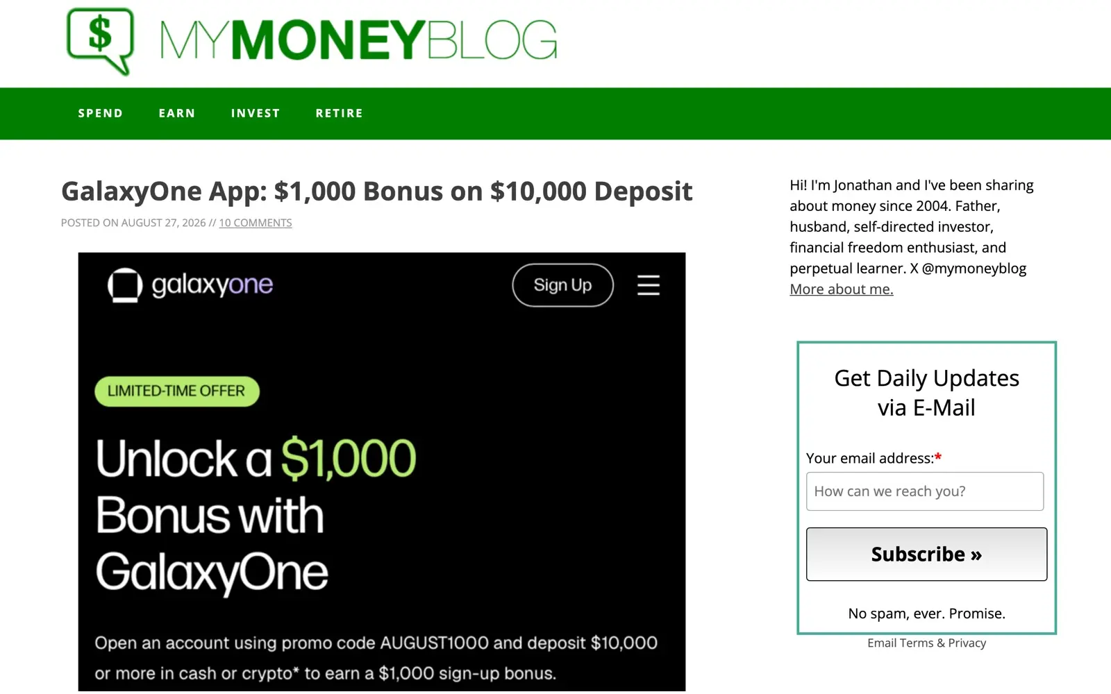 My Money Blog homepage listing US bank bonuses and savings rate posts