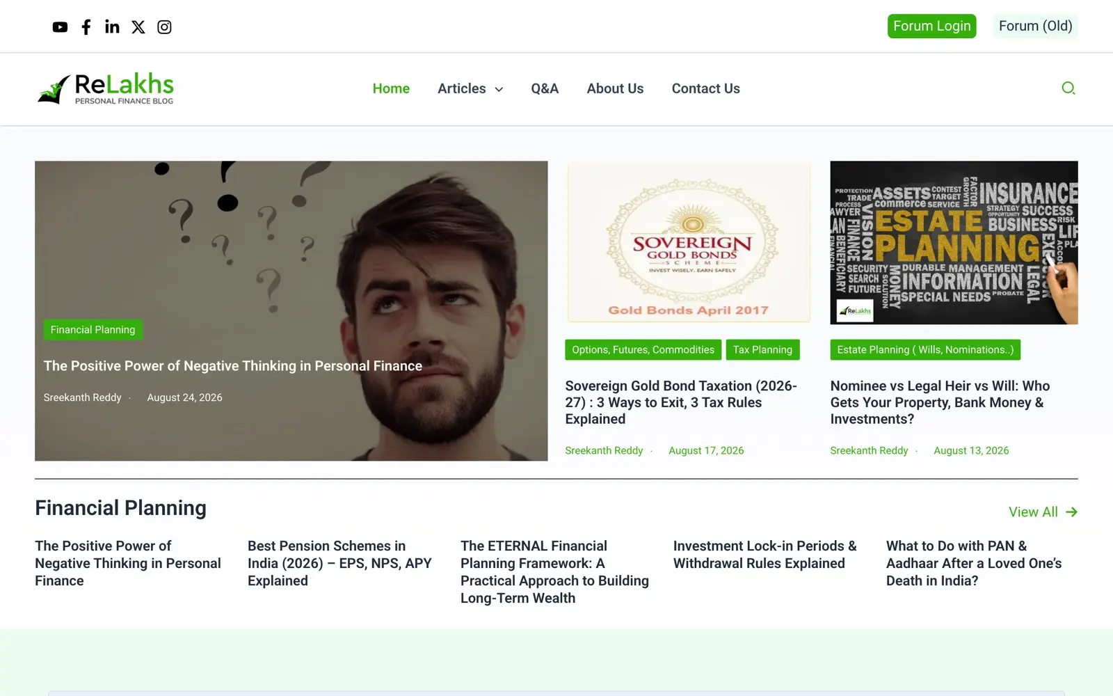 ReLakhs homepage showing Indian tax, insurance and personal finance articles