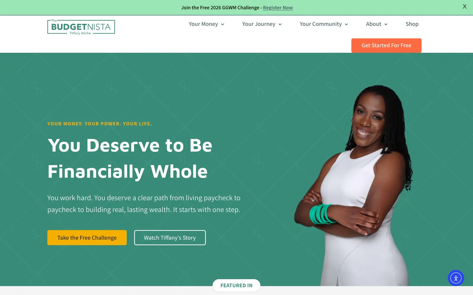 The Budgetnista homepage showing its financial education programs