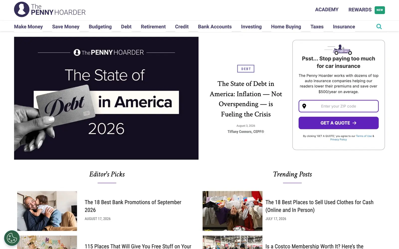 The Penny Hoarder homepage showing daily money-saving articles