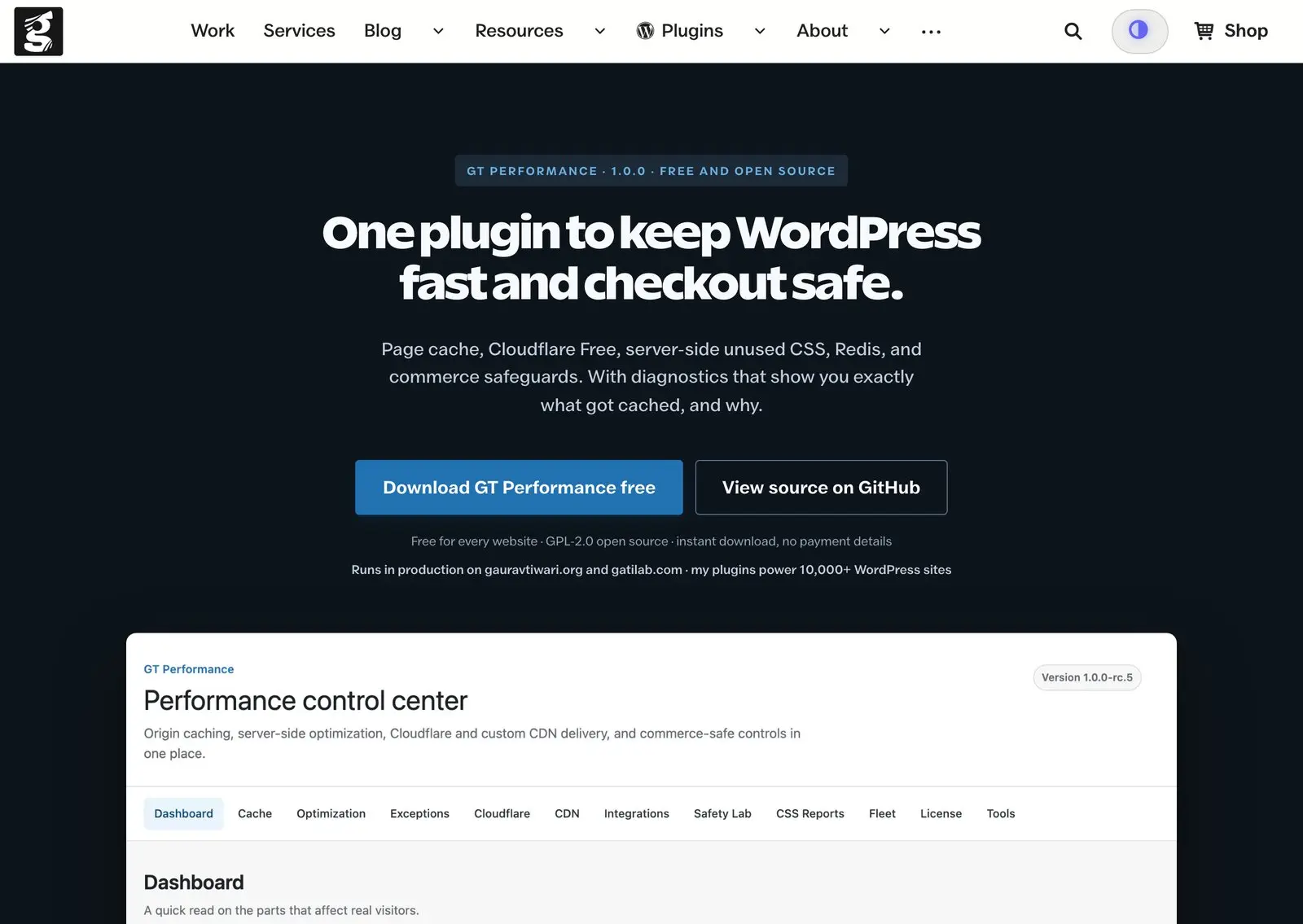 GT Performance product page with a free download button and plugin dashboard