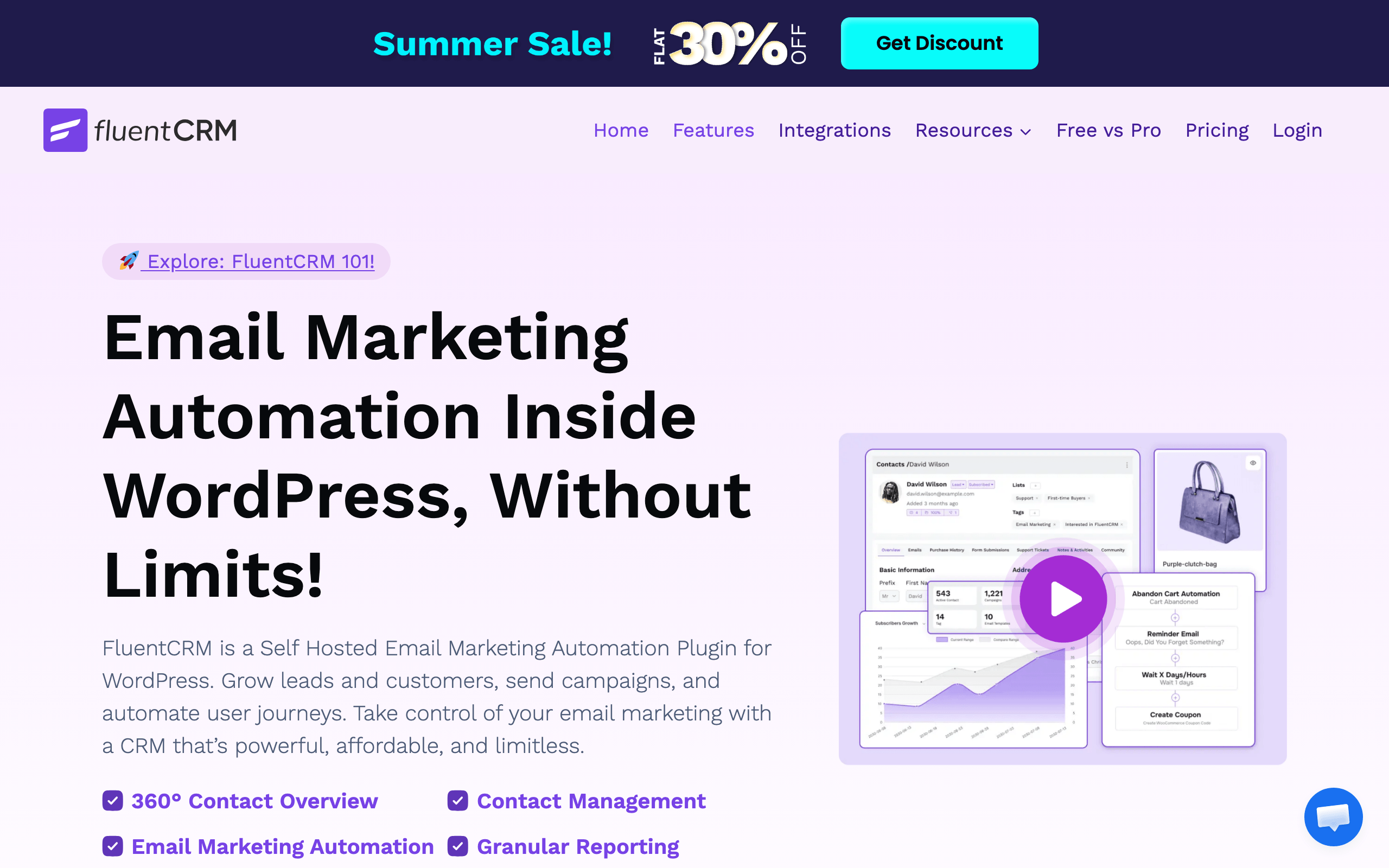 FluentCRM homepage: self-hosted email marketing automation inside WordPress