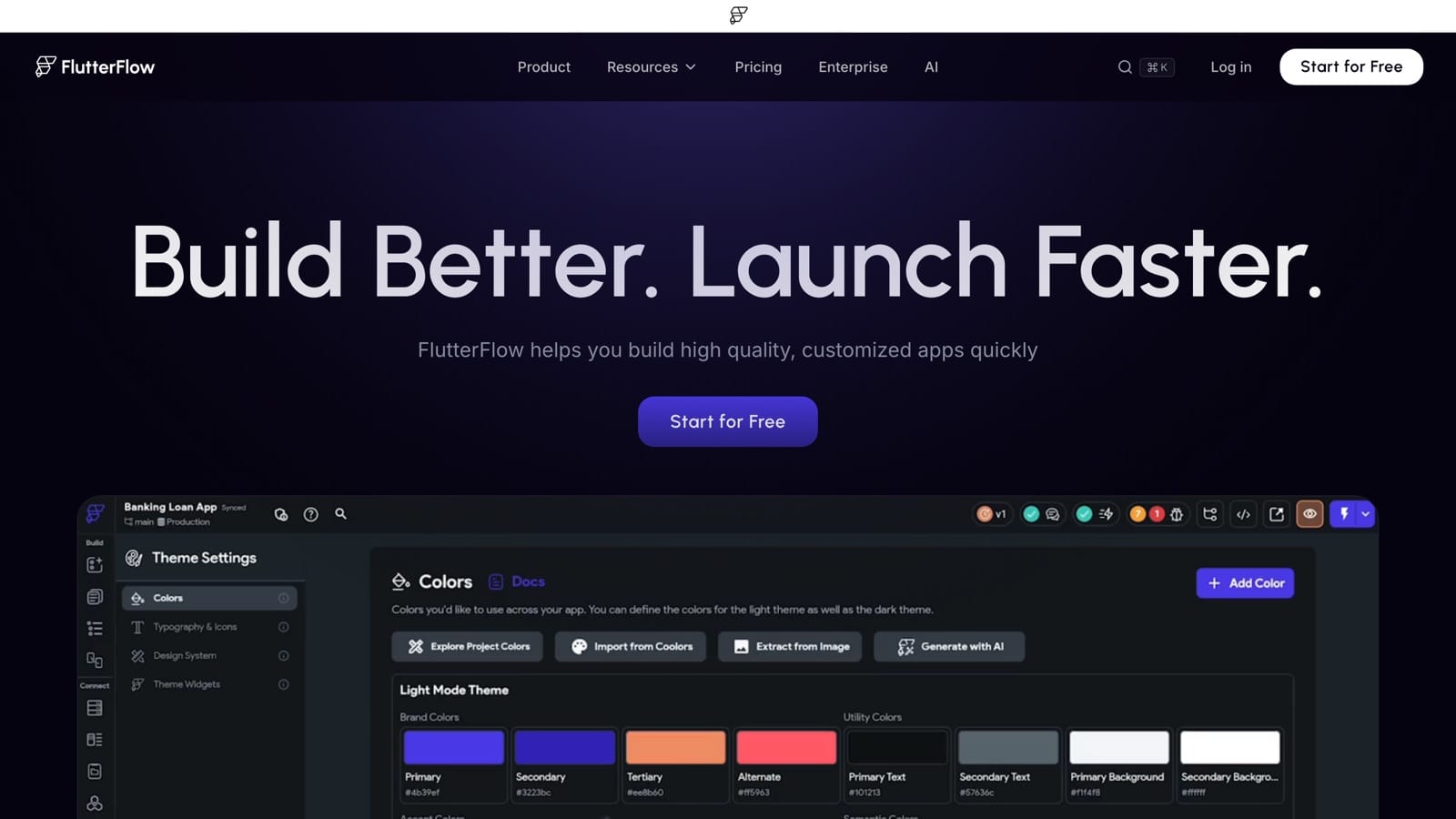 FlutterFlow home page showing its visual app building environment
