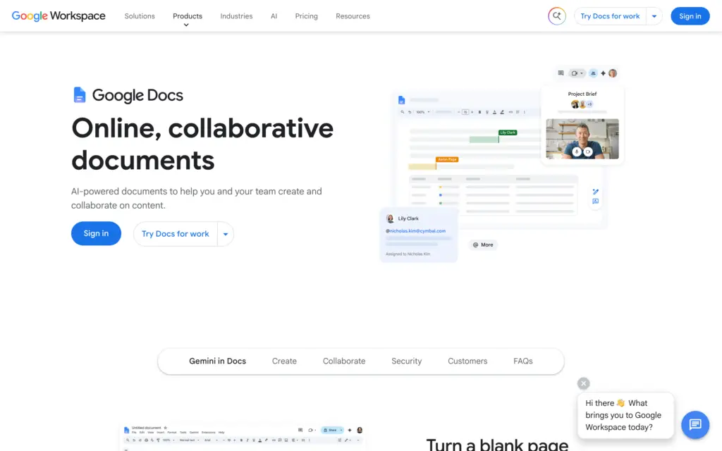 Google Docs website showing collaborative documents and Gemini assistance.