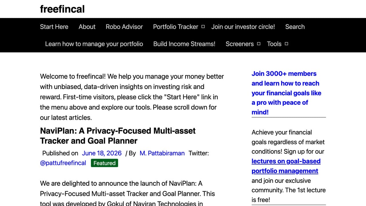 Freefincal homepage with a dated, bylined article by M. Pattabiraman and portfolio tools.