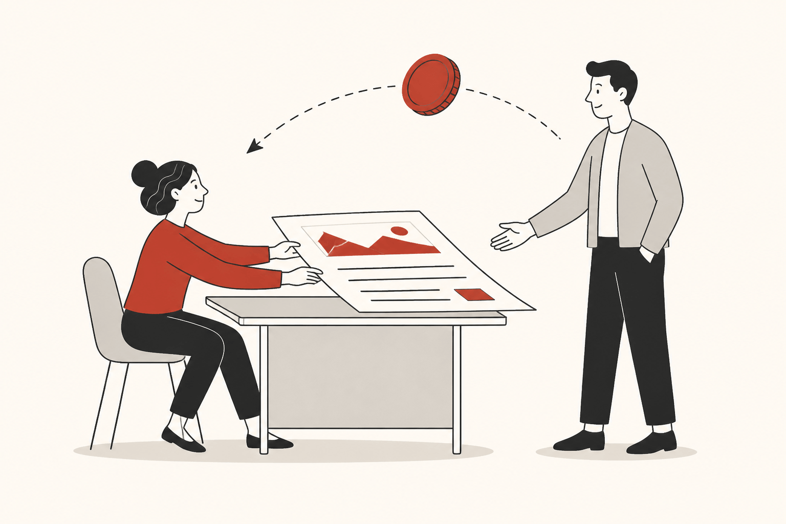 A freelancer slides finished work across a desk to a client while a coin arcs back in return