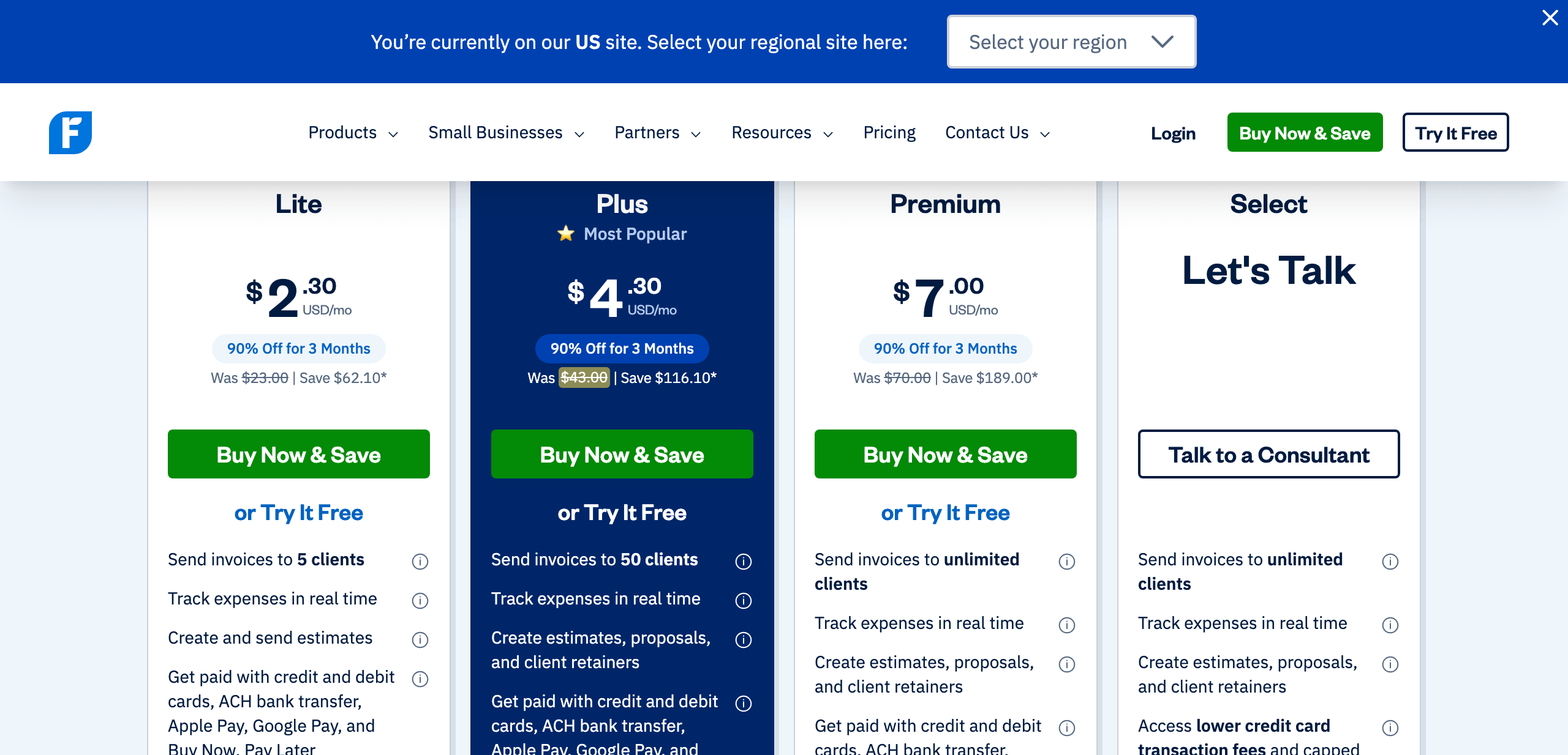 FreshBooks vs Wave vs QuickBooks comparison evidence showing FreshBooks Plus at $43 per month before its temporary discount and a 50-client limit.
