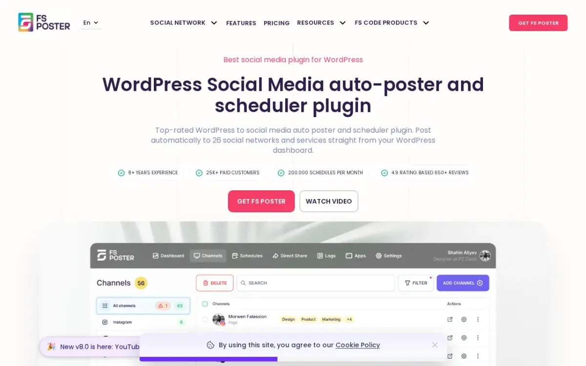 FS Poster WordPress social media auto-poster homepage showing 26 supported networks and a 4.9 rating from 650+ reviews