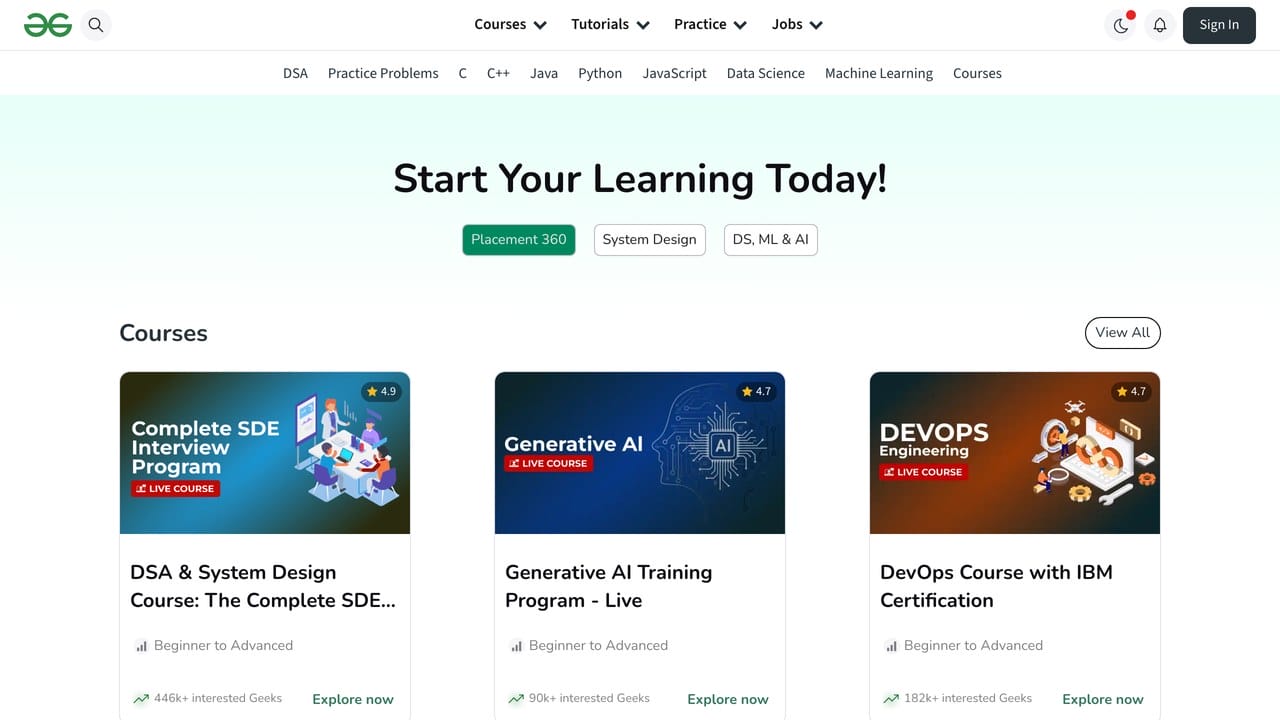 GeeksforGeeks homepage promoting live courses for interview preparation, generative AI, and DevOps.