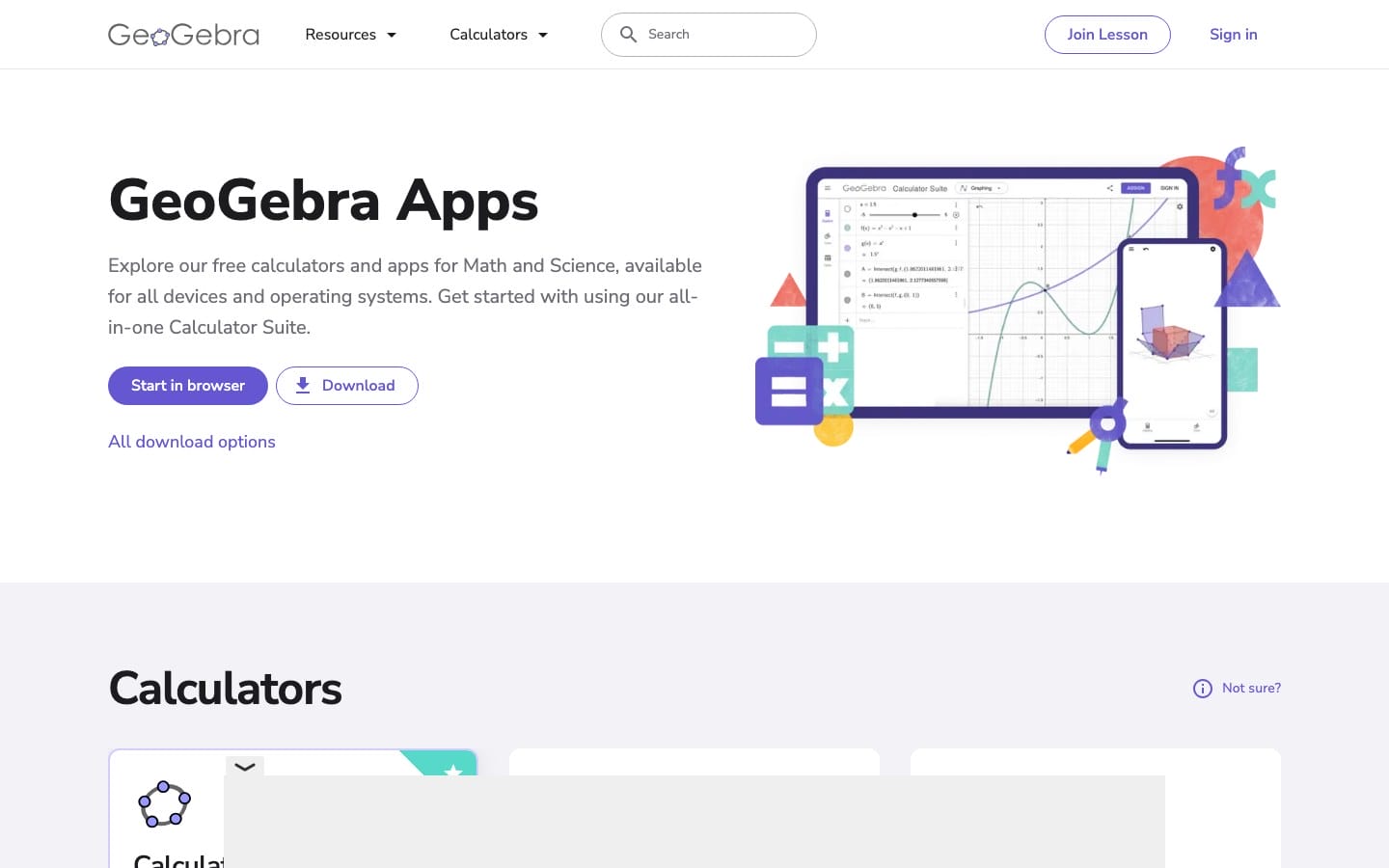 GeoGebra Apps page for graphing, geometry, 3D, and computer algebra tools