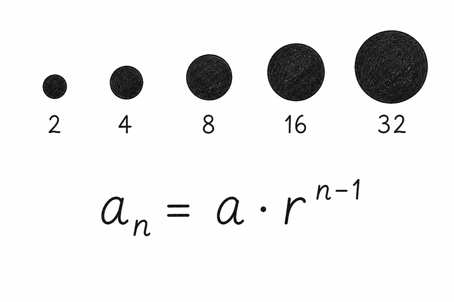 Circles doubling in size labeled 2, 4, 8, 16, 32 above the formula a sub n equals a times r to the n minus 1