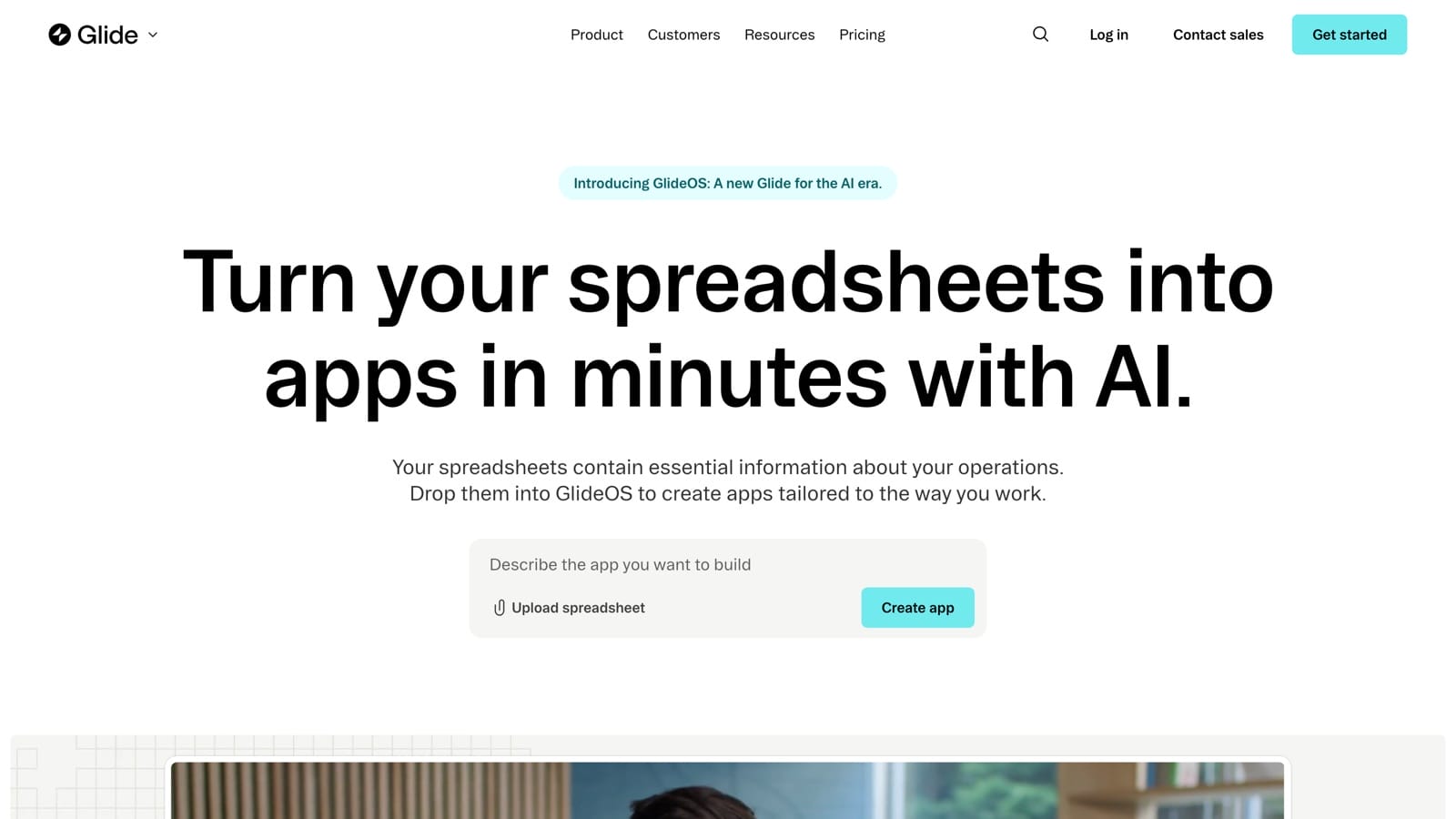 Glide home page offering to turn spreadsheets into apps, with a GlideOS announcement